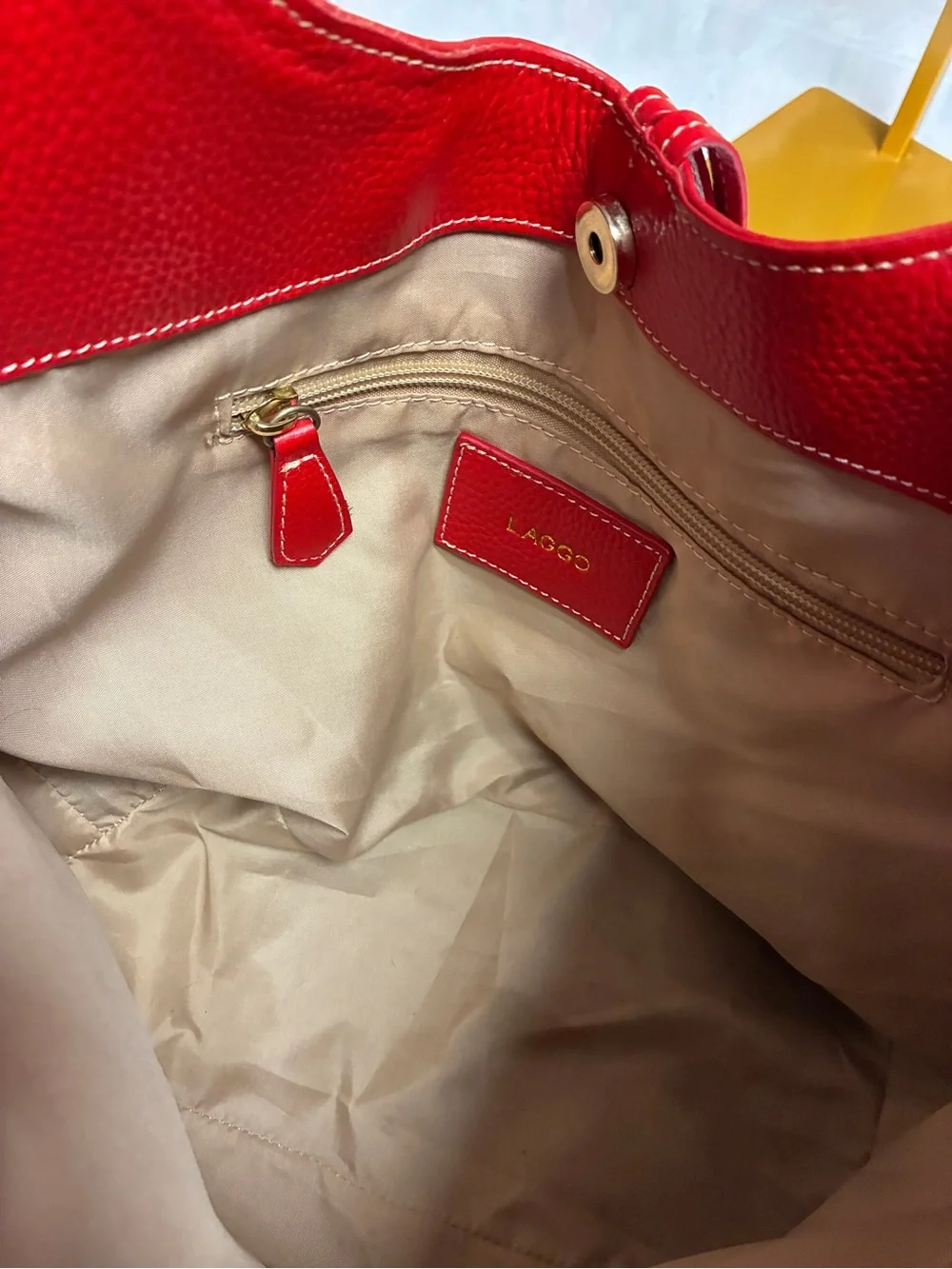 LAGGO Andrea Pebbled Leather Hobo Shoulder Bag Red Tassel Front Pockets Large